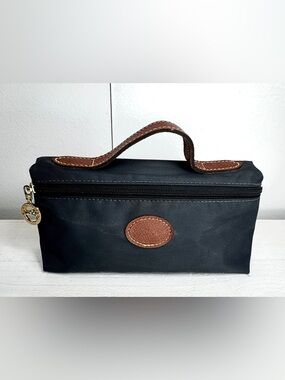 Longchamp Black Nylon Cosmetic Bag Brown Leather Trim Zip Pouch Travel Case
